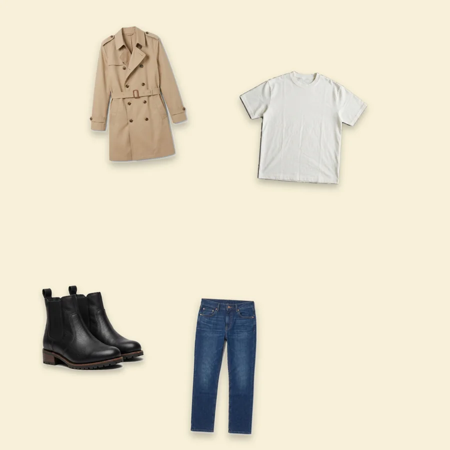A logged outfit as the app lays it out: a beige trench, white tee, dark jeans and black chelsea boots.