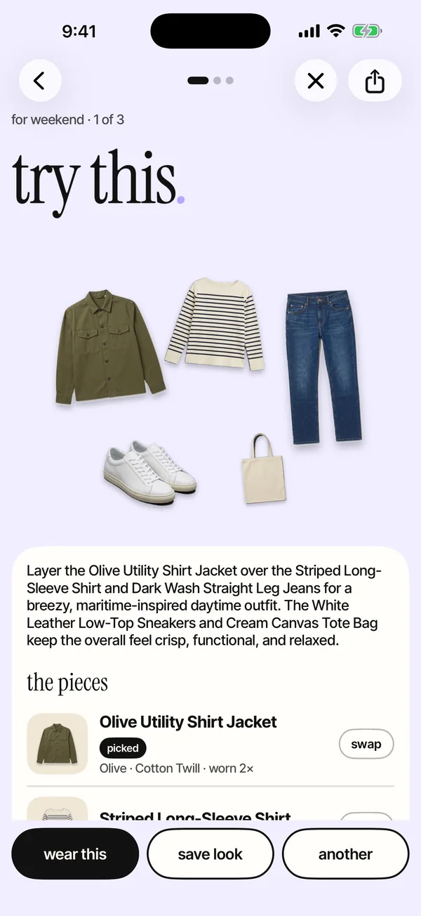 Looksake’s try this screen: the olive overshirt styled with a striped top, dark jeans, white sneakers and a canvas tote, all from the closet.